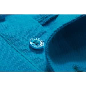 A close-up of a turquoise men's work polo shirt featuring a branded button and textured fabric.