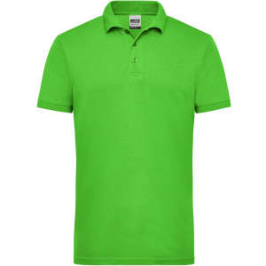 A bright green men's polo shirt with a collar and three buttons, featuring a label inside the neckline.