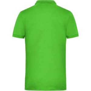 A bright green men's work polo shirt with a classic polo design and a logo on the fabric.