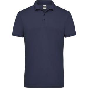 A navy blue men's work polo shirt with a collar and three buttons, featuring a logo.