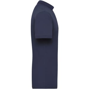 A navy blue men's work polo shirt displayed from the side, featuring short sleeves and a collar. It has a logo present.