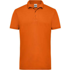 An orange polo shirt with a collar and three buttons, featuring a logo on the chest.