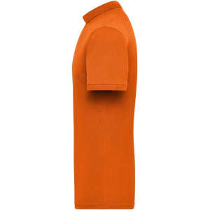 An orange men's workwear polo shirt displayed from the side, featuring a collar and short sleeves.