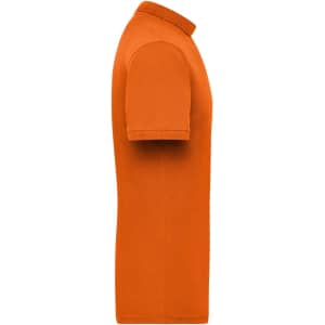 An orange men's work polo shirt displayed from the side, featuring a collared neck and short sleeves.