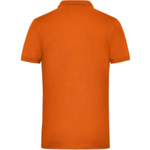 An orange men's work polo shirt, featuring a classic collar and short sleeves, with a logo on the back.