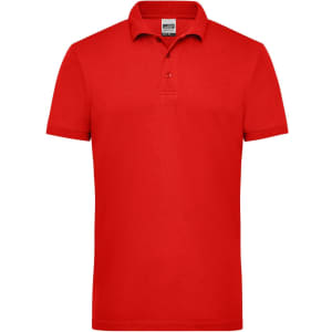 A red men's work polo shirt with a collar and three buttons, featuring a small logo on the chest.