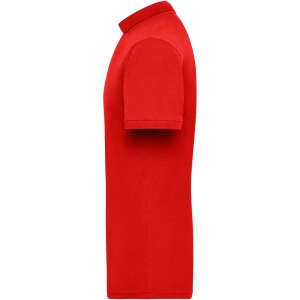 A red men's work polo shirt featuring a logo on the chest, designed for workwear purposes.