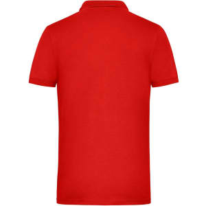 A red men’s work polo shirt with a plain back and short sleeves. Includes a logo on the upper back.