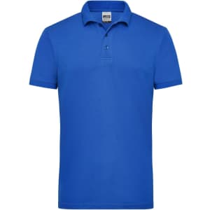 A blue men's work polo shirt with a collar and three buttons, featuring a logo on the chest.