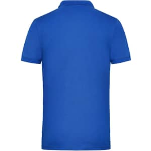 A blue men's workwear polo shirt featuring a plain back and a collar. It includes a logo on the fabric.