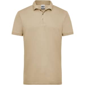 A beige men's work polo shirt with a collar and three buttons, featuring a logo.