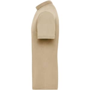 A tan men's polo shirt with a collar and short sleeves, featuring a logo on the side.
