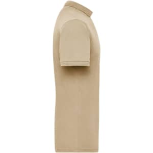 A tan men's work polo shirt featuring a classic collar and short sleeves, with a logo present on the garment.