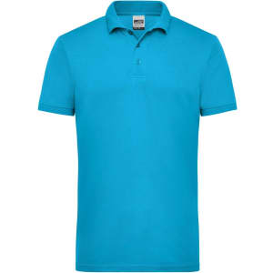 A bright blue men's work polo shirt featuring a classic collar and short sleeves, with a small brand logo.