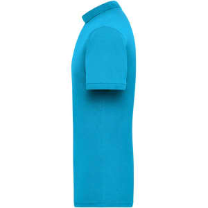 A side view of a turquoise men's work polo shirt featuring a classic collar and short sleeves.