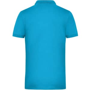 A blue men's workwear polo shirt, featuring a classic collar and short sleeves, with a logo on the back.