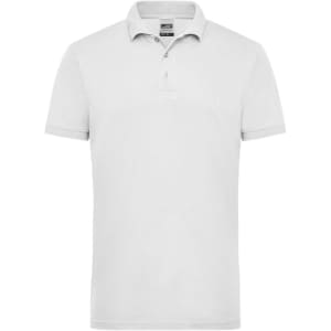 A men's short-sleeve polo shirt in white with a collar and a logo. Classic workwear attire.