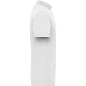A white men's work polo shirt displayed from the side, featuring a collar and short sleeves. It has a logo.