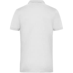 A plain white men's polo shirt, featuring short sleeves and a collar, with a logo on the back.