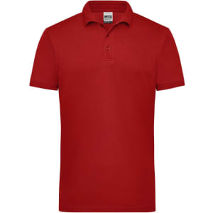 A red men's workwear polo shirt with a classic collar and three-button placket. It features a logo on the chest.