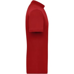 A red men's workwear polo shirt featuring a classic collar and short sleeves, with a brand logo visible.