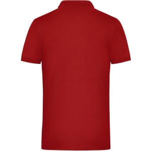 A red men's work polo shirt featuring a collar and short sleeves, with a branding logo on the back.