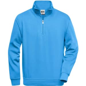 A blue half zip sweatshirt with long sleeves and a collar, featuring a logo on the chest area.