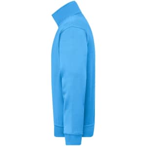A side view of a blue half zip sweatshirt with a collar and long sleeves. The garment has a logo on it.