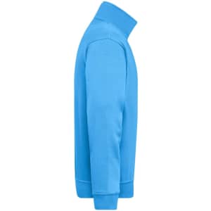 A side view of a bright blue half zip work jumper, featuring long sleeves and a stand-up collar.