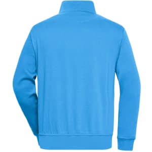 A blue workwear half zip sweat jumper with a plain design and a back view. It has a branding logo.