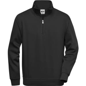 A black half zip sweatshirt featuring long sleeves and a collar. The item includes a logo on the chest.