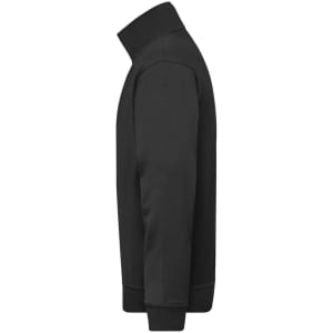 A black half zip sweat jumper with a high collar and long sleeves, featuring a logo on the side.