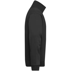 A black half zip sweatshirt with a high collar and ribbed cuffs, featuring a logo.