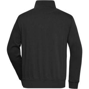 A black half zip sweatshirt featuring a high collar and a back view. Includes a logo on the garment.