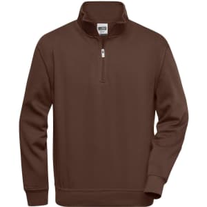 A brown half-zip sweatshirt featuring long sleeves and a collar. The product has a logo on it.