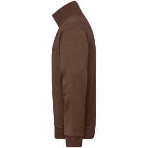 A brown half zip sweat jumper with a collar and long sleeves, featuring a logo on the side.
