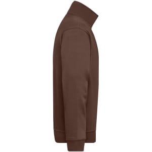A brown half zip sweat jumper featuring a high collar and long sleeves, with a logo on the side.