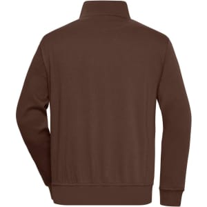 A brown half zip sweat jumper with a high collar, featuring a logo on the back.
