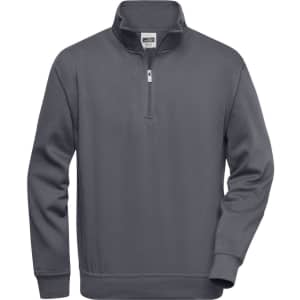A grey half-zip work jumper featuring a collar and long sleeves, with a logo on the chest.