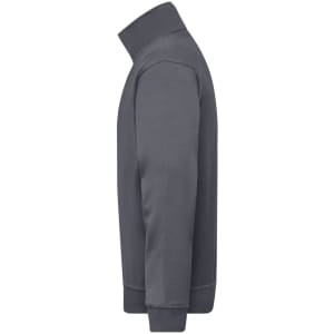 A grey half zip sweat jumper with a high collar and long sleeves, featuring a logo.