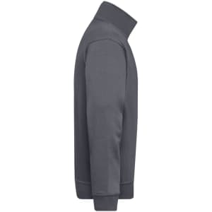 A grey half zip sweatshirt with long sleeves and a high collar, featuring a logo on the chest.