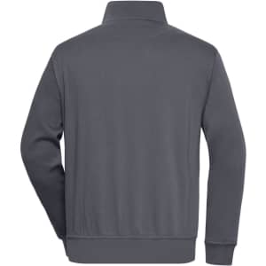 A grey workwear half zip sweat jumper with a plain design and a collar, featuring a logo on the back.