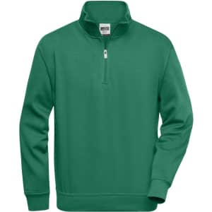 A green half zip sweat jumper with long sleeves and a quarter-length zip at the collar, featuring a branding logo.