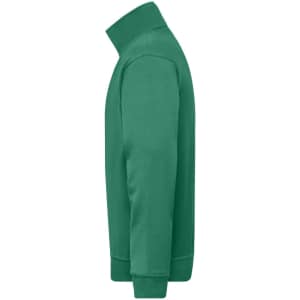 A green half zip sweatshirt featuring a high collar and long sleeves, with a logo on the chest.