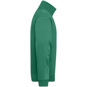 A green half zip sweatshirt with long sleeves, featuring a high collar and a fitted design. It has a logo present.