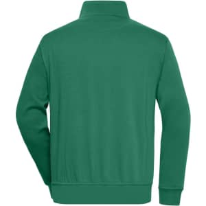 A green half zip sweatshirt with a simple design and a logo on the back, suitable for workwear.