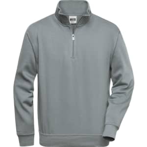 A grey half zip sweatshirt featuring long sleeves and a collar. It has a logo on the chest.