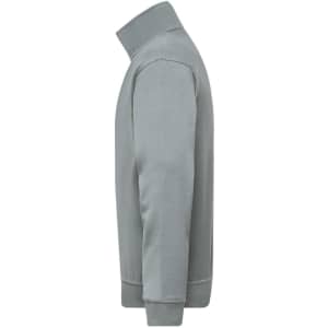 A grey half zip sweatshirt is displayed from the side, featuring a stand-up collar and a simple design.