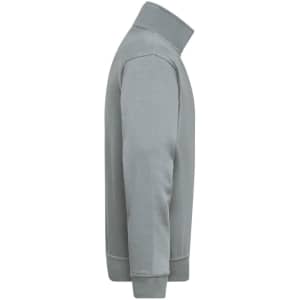 A grey half zip sweatshirt with a high collar and long sleeves, featuring a branded logo.