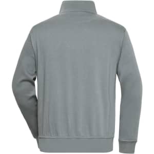 A grey half zip sweatshirt with a collar, featuring a logo on the back. It’s designed for workwear use.